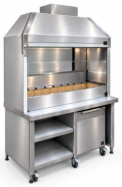 Parrilla de carbón para kebab en acero inoxidable con campana y mueble inferior · 100 cm