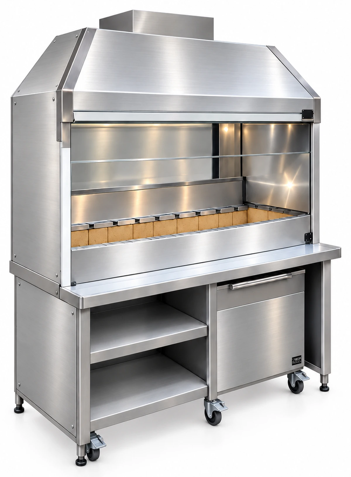 Holzkohle-Kebabgrill aus Edelstahl mit Haube und Unterschrank · 125 cm