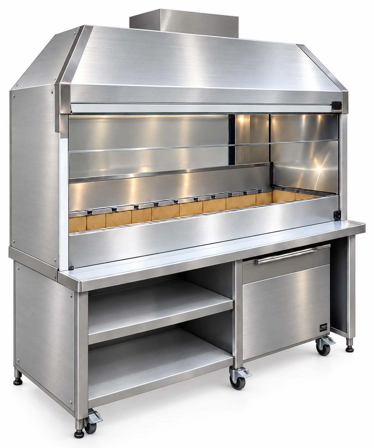 Holzkohle-Kebabgrill aus Edelstahl mit Haube und Unterschrank · 150 cm