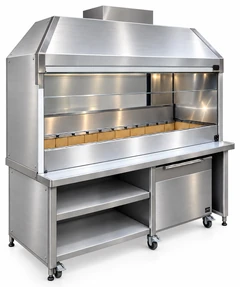 Parrilla de carbón para kebab en acero inoxidable con campana y mueble inferior · 150 cm