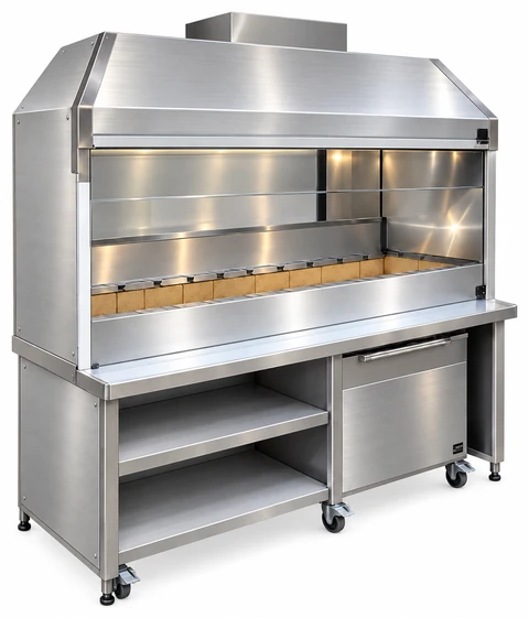 Holzkohle-Kebabgrill aus Edelstahl mit Haube und Unterschrank · 175 cm