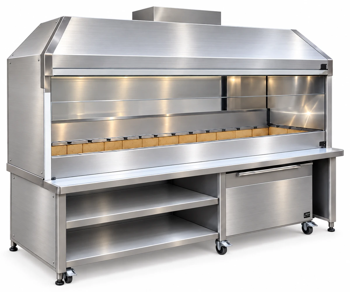 Holzkohle-Kebabgrill aus Edelstahl mit Haube und Unterschrank · 200 cm