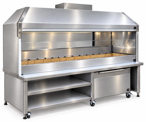 Holzkohle-Kebabgrill aus Edelstahl mit Haube und Unterschrank · 200 cm