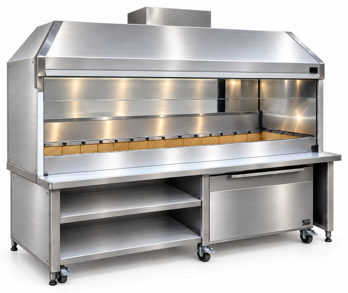 Holzkohle-Kebabgrill aus Edelstahl mit Haube und Unterschrank · 250 cm