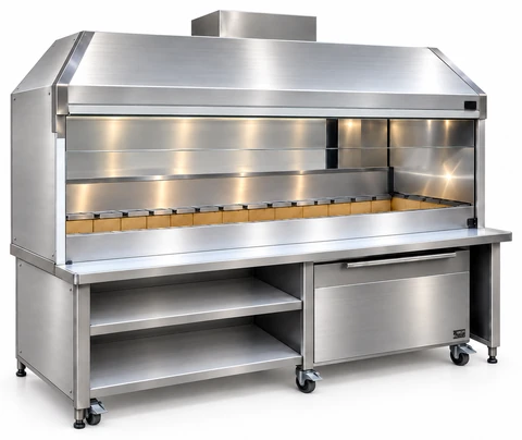 Holzkohle-Kebabgrill aus Edelstahl mit Haube und Unterschrank · 250 cm