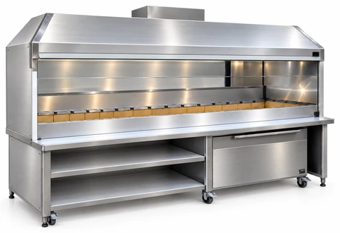 Holzkohle-Kebabgrill aus Edelstahl mit Haube und Unterschrank · 300 cm