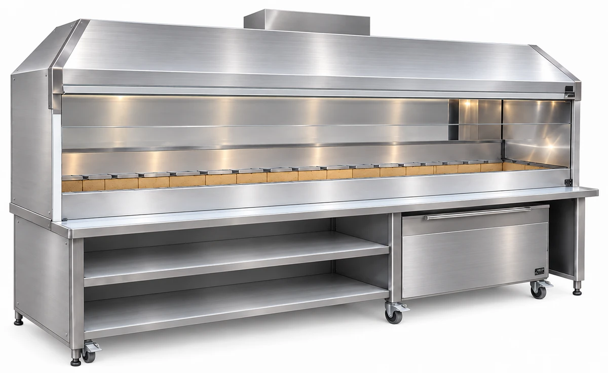 Holzkohle-Kebabgrill aus Edelstahl mit Haube und Unterschrank · 350 cm