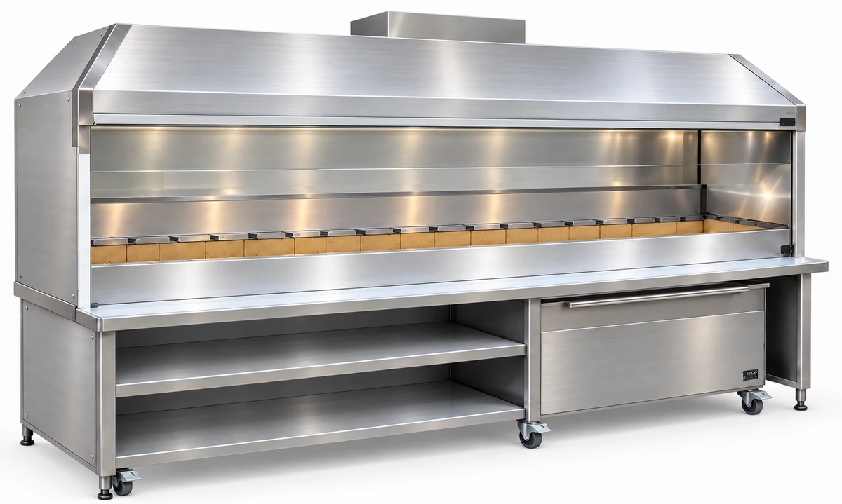 Holzkohle-Kebabgrill aus Edelstahl mit Haube und Unterschrank · 400 cm