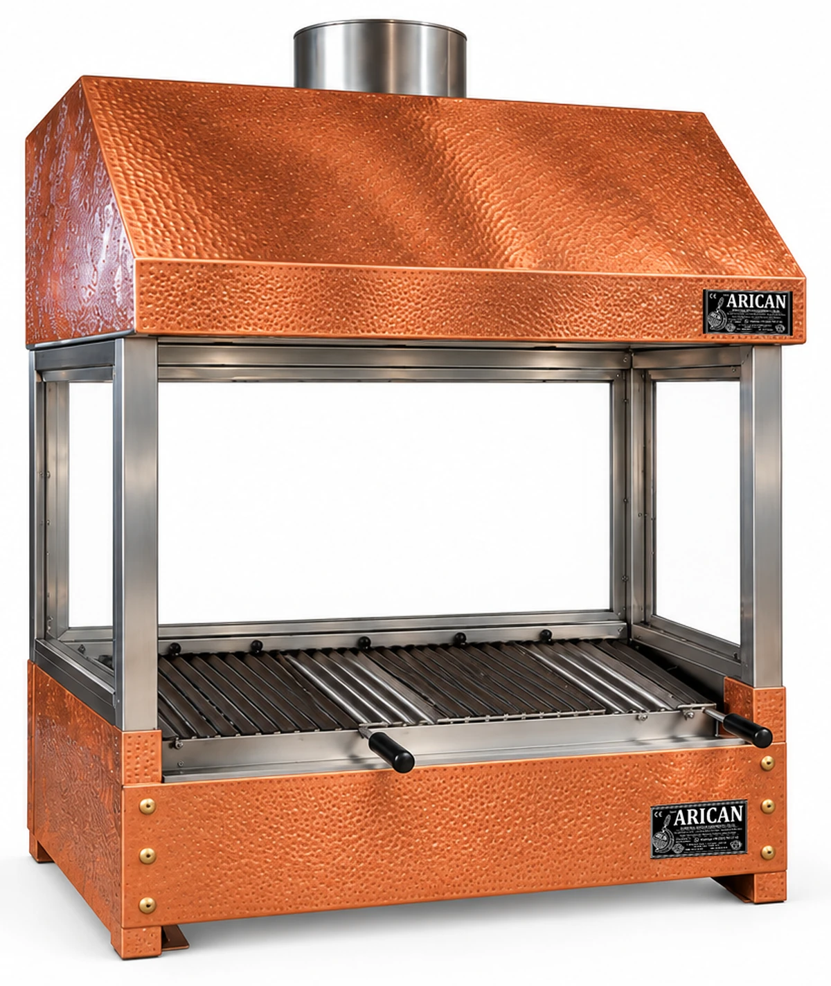 Holzkohle-Kebabgrill als Tischgerät mit Kupferverkleidung und Haube · 100 cm