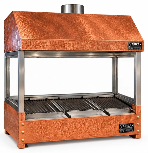 Holzkohle-Kebabgrill als Tischgerät mit Kupferverkleidung und Haube · 125 cm