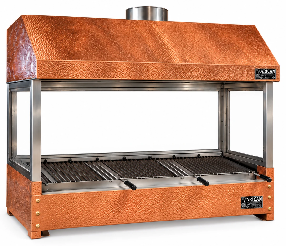 Holzkohle-Kebabgrill als Tischgerät mit Kupferverkleidung und Haube · 150 cm