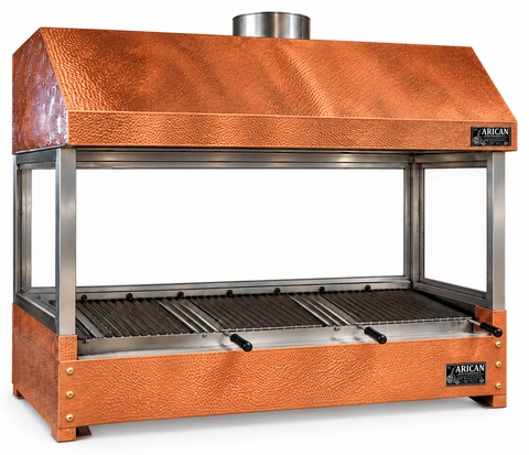 Holzkohle-Kebabgrill als Tischgerät mit Kupferverkleidung und Haube · 150 cm