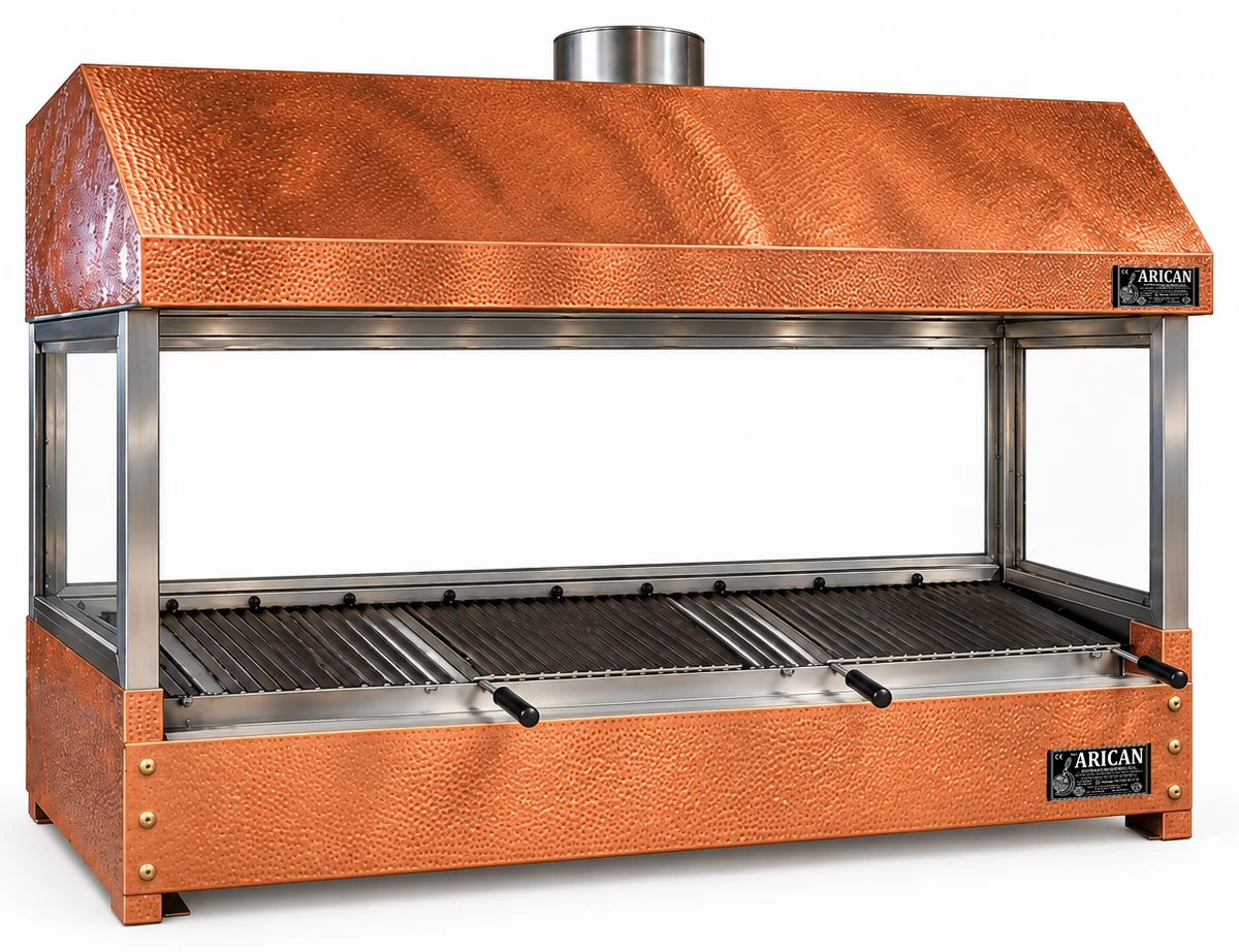 Holzkohle-Kebabgrill als Tischgerät mit Kupferverkleidung und Haube · 175 cm