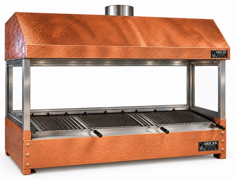 Holzkohle-Kebabgrill als Tischgerät mit Kupferverkleidung und Haube · 175 cm