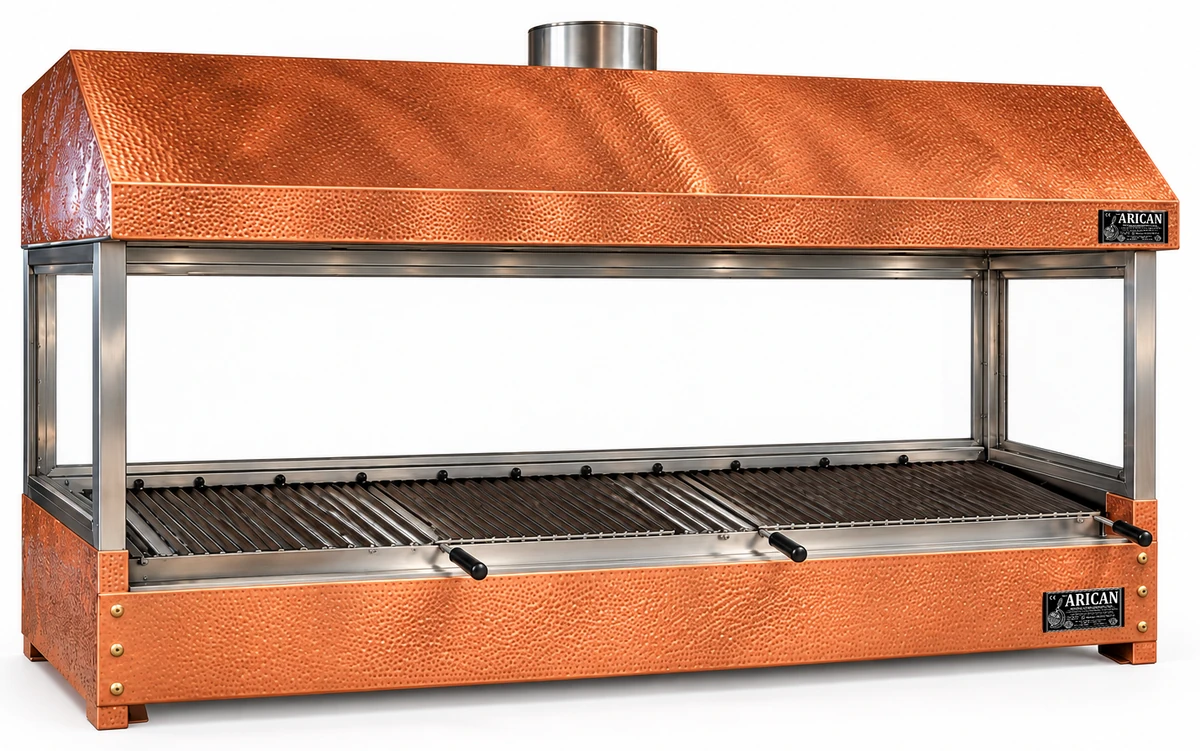 Holzkohle-Kebabgrill als Tischgerät mit Kupferverkleidung und Haube · 200 cm