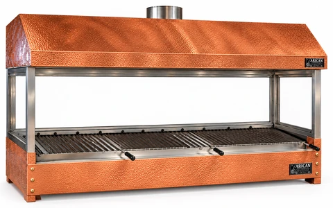 Holzkohle-Kebabgrill als Tischgerät mit Kupferverkleidung und Haube · 200 cm
