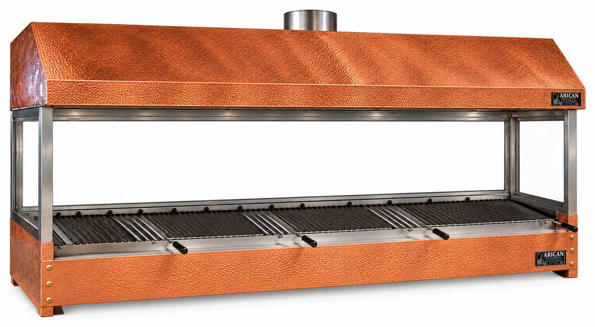 Holzkohle-Kebabgrill als Tischgerät mit Kupferverkleidung und Haube · 250 cm