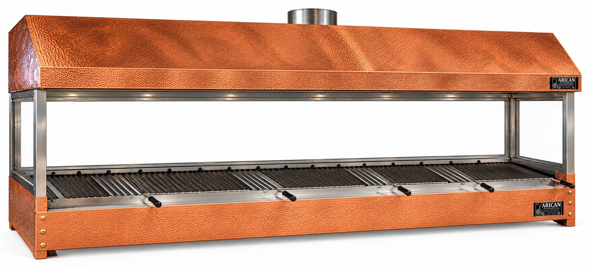 Holzkohle-Kebabgrill als Tischgerät mit Kupferverkleidung und Haube · 300 cm