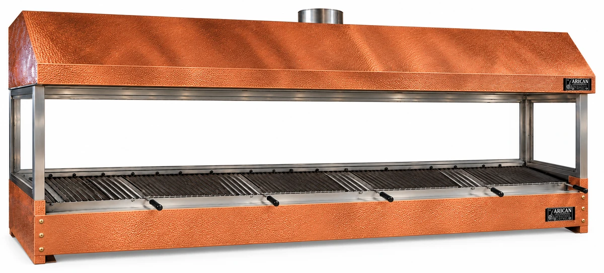 Holzkohle-Kebabgrill als Tischgerät mit Kupferverkleidung und Haube · 350 cm
