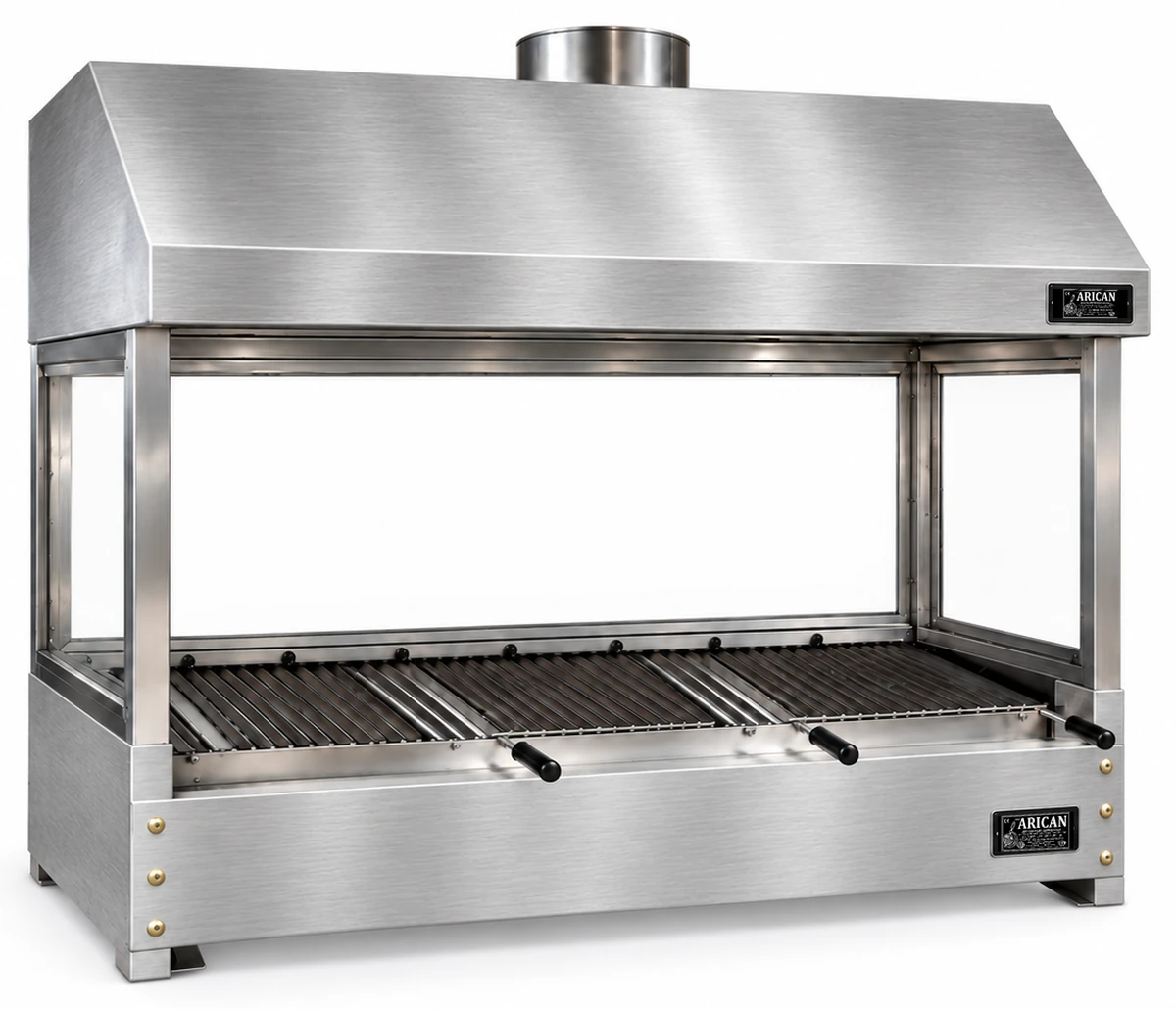 Holzkohle-Kebabgrill als Tischgerät aus Edelstahl mit Haube und gehärtetem Glas · 150 cm