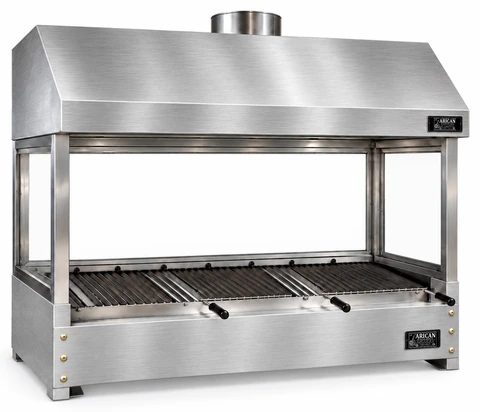 Holzkohle-Kebabgrill als Tischgerät aus Edelstahl mit Haube und gehärtetem Glas · 150 cm