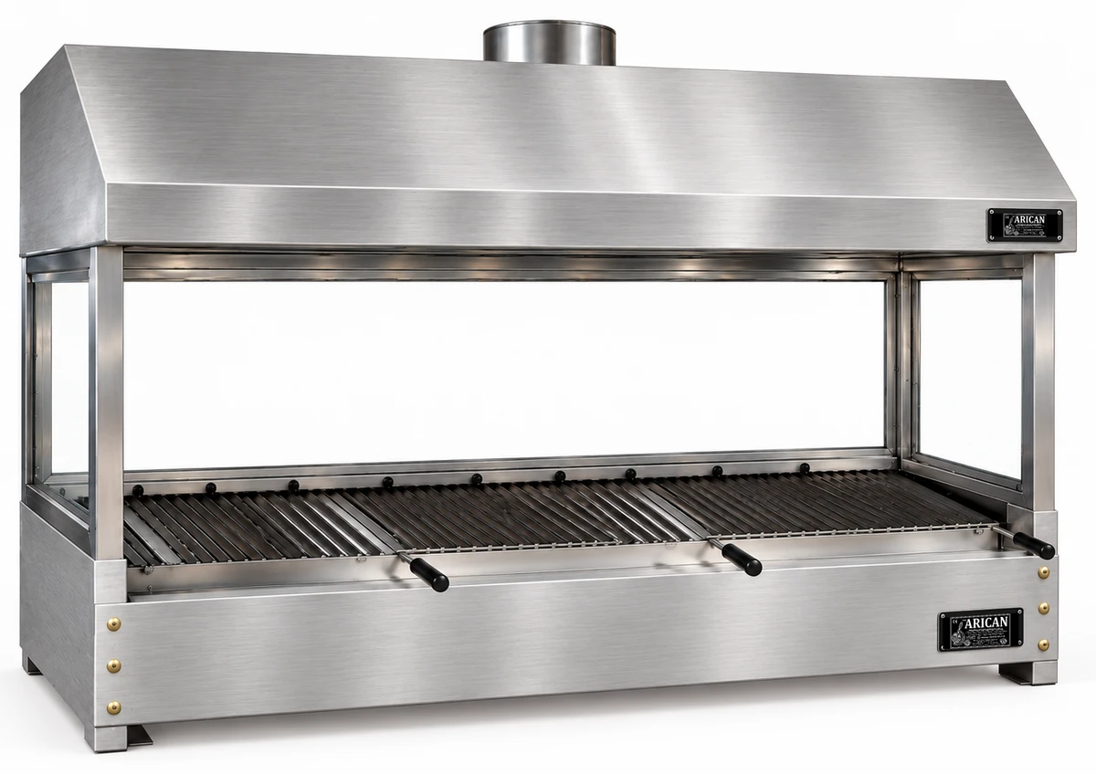 Holzkohle-Kebabgrill als Tischgerät aus Edelstahl mit Haube und gehärtetem Glas · 175 cm