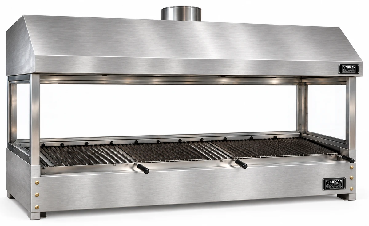 Holzkohle-Kebabgrill als Tischgerät aus Edelstahl mit Haube und gehärtetem Glas · 200 cm