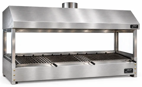 Holzkohle-Kebabgrill als Tischgerät aus Edelstahl mit Haube und gehärtetem Glas · 200 cm