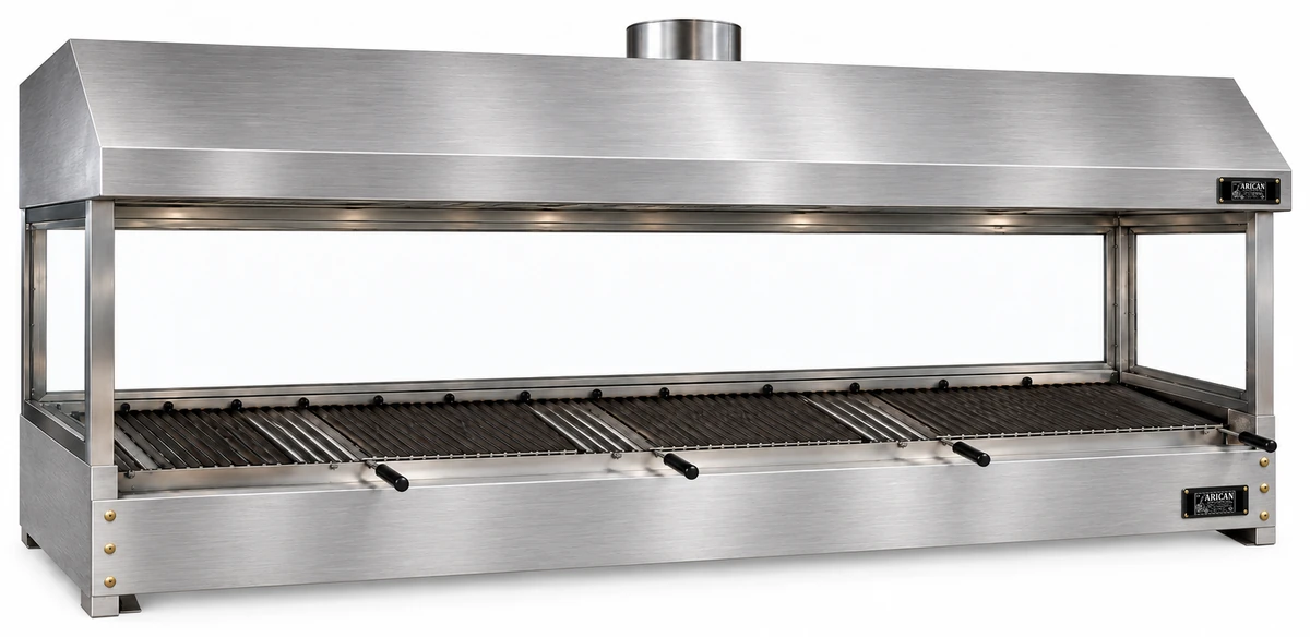 Holzkohle-Kebabgrill als Tischgerät aus Edelstahl mit Haube und gehärtetem Glas · 250 cm