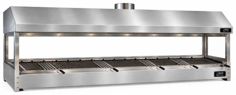 Holzkohle-Kebabgrill als Tischgerät aus Edelstahl mit Haube und gehärtetem Glas · 300 cm