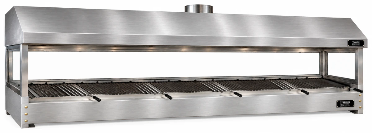 Holzkohle-Kebabgrill als Tischgerät aus Edelstahl mit Haube und gehärtetem Glas · 350 cm