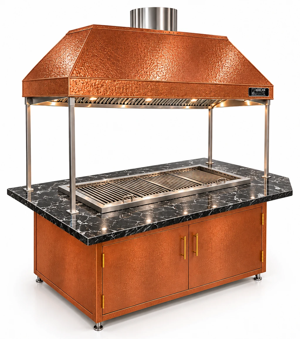 Holzkohle-Kebabgrill mit Esstisch und Kupferhaube · 125 cm