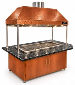 Parrilla de carbón para kebab con mesa de comedor y campana de cobre · 125 cm