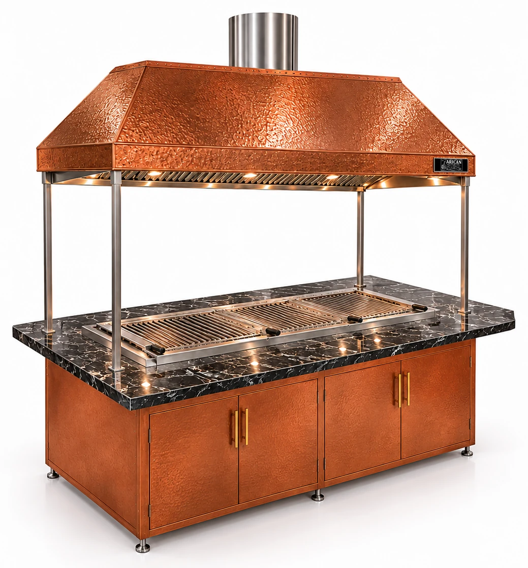 Holzkohle-Kebabgrill mit Esstisch und Kupferhaube · 175 cm