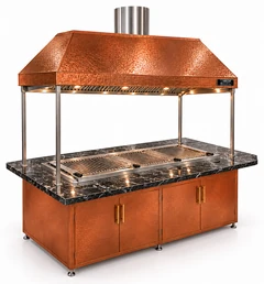 Parrilla de carbón para kebab con mesa de comedor y campana de cobre · 175 cm