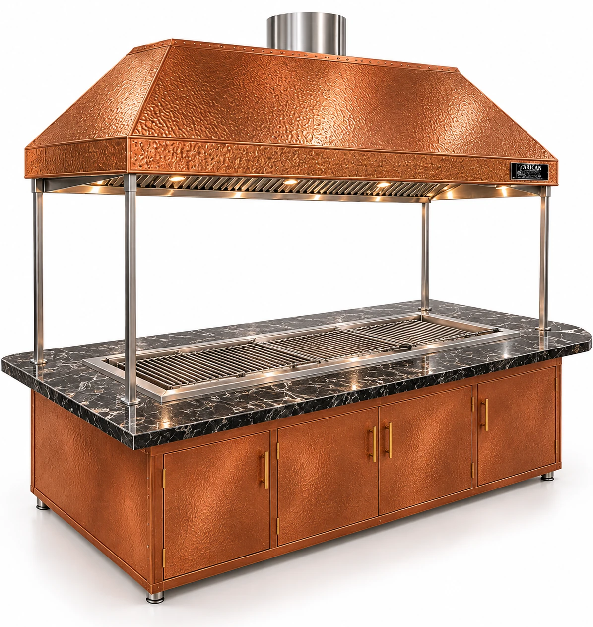 Holzkohle-Kebabgrill mit Esstisch und Kupferhaube · 200 cm