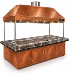 Parrilla de carbón para kebab con mesa de comedor y campana de cobre · 200 cm
