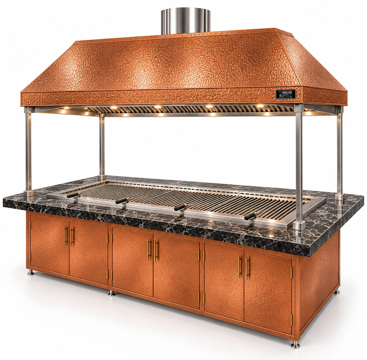Holzkohle-Kebabgrill mit Esstisch und Kupferhaube · 250 cm