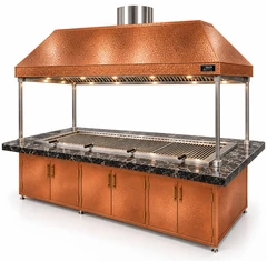 Parrilla de carbón para kebab con mesa de comedor y campana de cobre · 250 cm