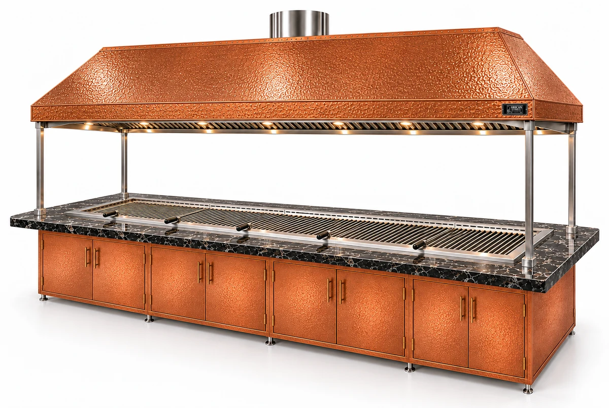 Holzkohle-Kebabgrill mit Esstisch und Kupferhaube · 300 cm