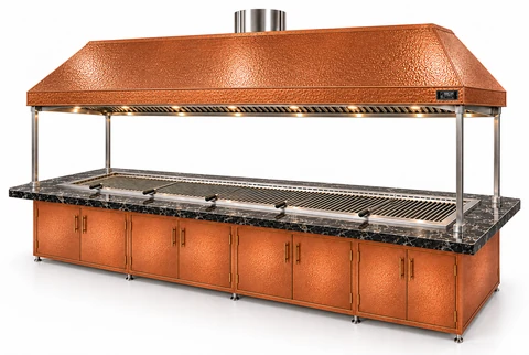 Holzkohle-Kebabgrill mit Esstisch und Kupferhaube · 300 cm