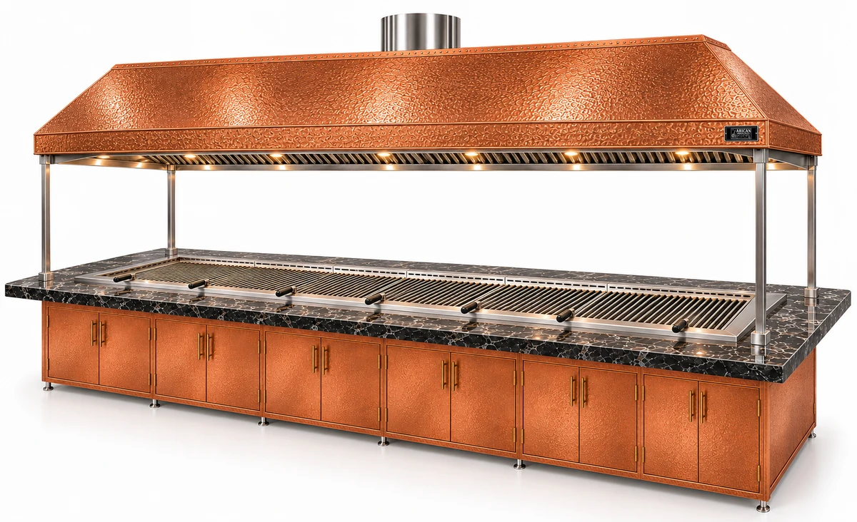 Holzkohle-Kebabgrill mit Esstisch und Kupferhaube · 350 cm