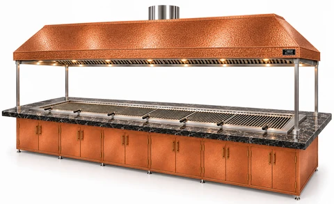Holzkohle-Kebabgrill mit Esstisch und Kupferhaube · 350 cm