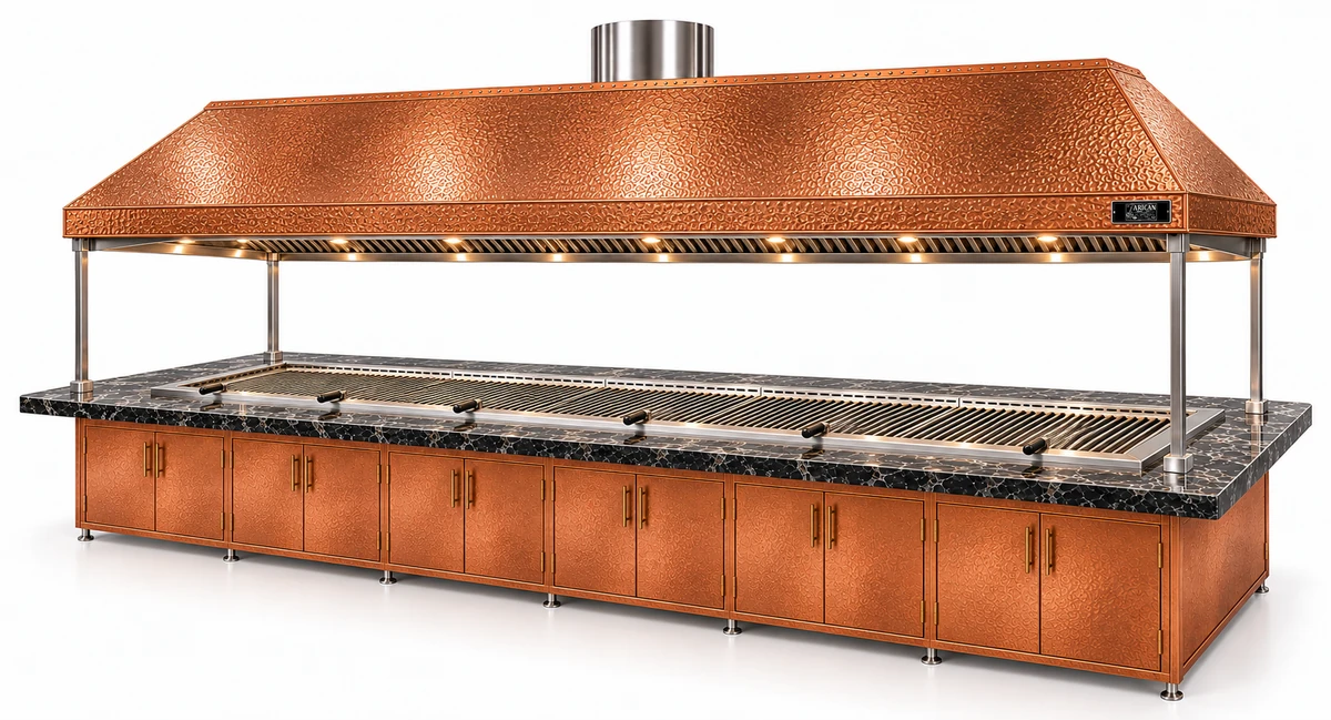 Holzkohle-Kebabgrill mit Esstisch und Kupferhaube · 400 cm