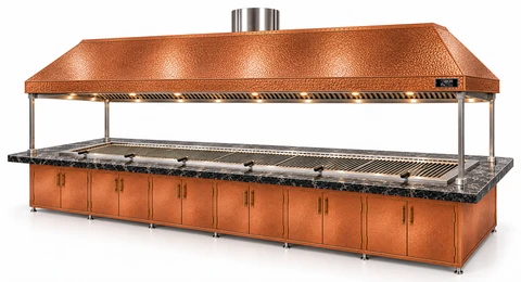 Holzkohle-Kebabgrill mit Esstisch und Kupferhaube · 400 cm