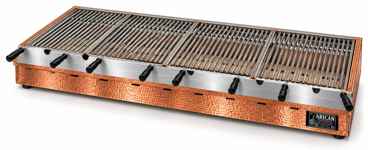 Holzkohle-Kebabgrill als Tischgerät in Kupfer · 100 cm