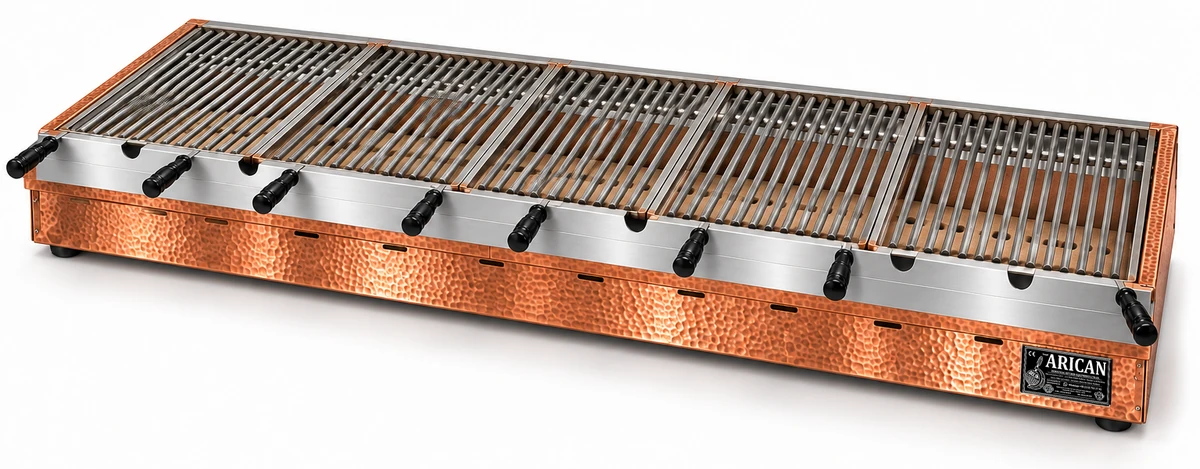 Holzkohle-Kebabgrill als Tischgerät in Kupfer · 125 cm