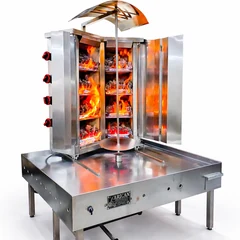 V-type gas & lava-stone doner machine · 4+4 burners · Stainless steel — Side view of this model.