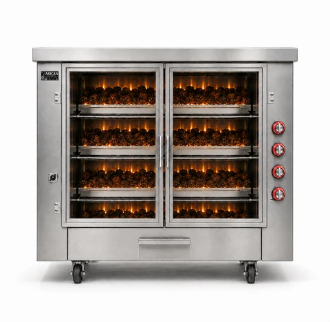 Multi-burner gas and lava-stone chicken rotisseries · 4+3