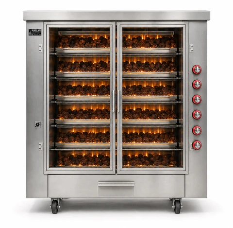 Multi-burner gas and lava-stone chicken rotisseries · 6+5